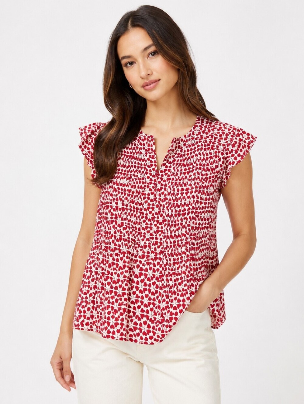 Rebecca Minkoff Heart Print Pintuck Flutter Sleeve Blouse Size L